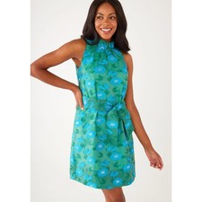 Abbey Glass Betty Mock Neck Tie Waist Floral Dress Small Green Organza Party