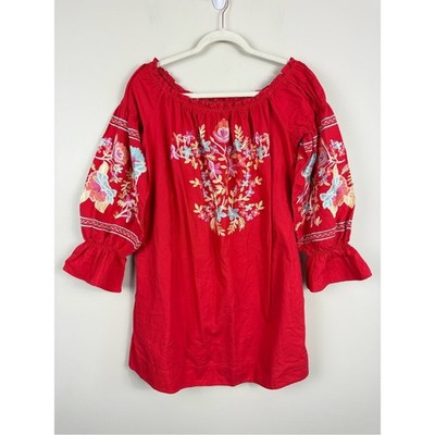 Free People Fleur Du Jour Mini Dress Womens Medium Floral Embroidered Boho Red