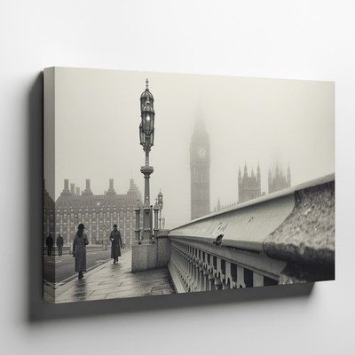 Foggy Morning London Big Ben Bridge Black White Urban Scene Canvas Wall Art