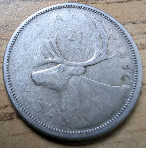 Canada 1956 25 Cents 25c Canadian Caribou Quarter Coin - 80% Silver - ASW .150oz