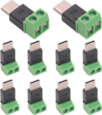 Type C Male 2 Pin Screw Terminal Adapter 5V USB C Pin Solderless C Size: 10PCS
