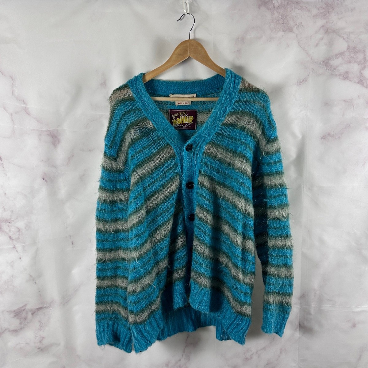 Marni Cardigan Mohair Sweater Fuzzy Wuzzy Striped Blue Knit 