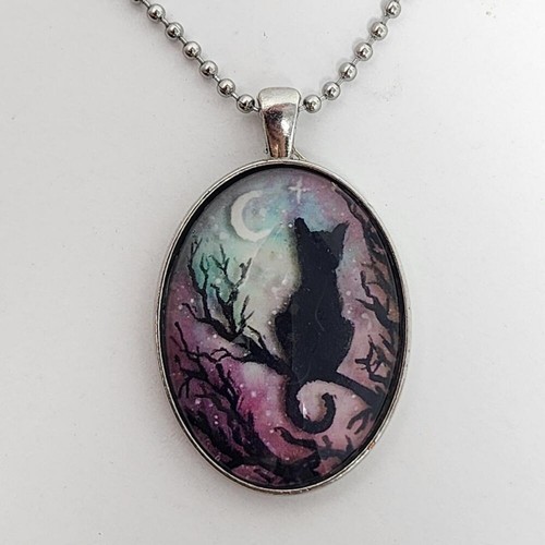Crossing Paths Black Cat Oval Pendant Necklace