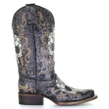 Corral Boots Floral Embroidered Studded Snip Toe Pull On Cowboy Womens Black Ca