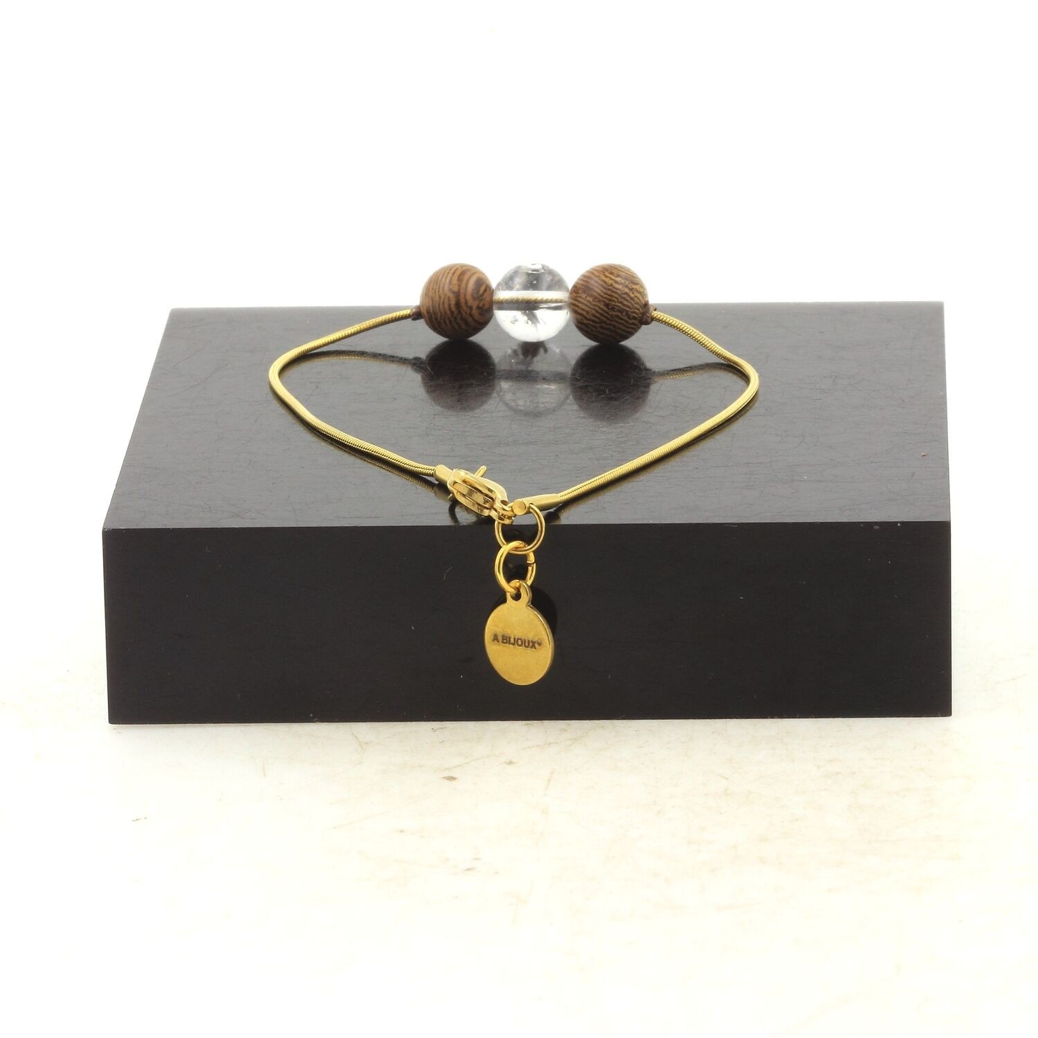 Bracelet acier doré inoxydable maille fine perle quartz du Brésil