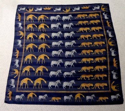 Vtg SAFARI ZEBRA GIRAFFE CHEETAH LEOPARD SCARF 34 x 33 African Animal Blue Italy