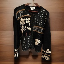VTG Sandy Starkman Art to Wear Boho Black Embellished Textured Sweater Jacket M
