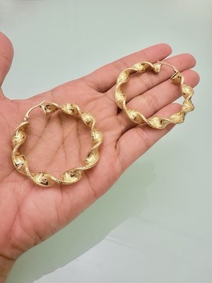 18K/750 reines Gelbgold gedrehte/geriffelte Creolen 46,5 mm selten klobig USA
