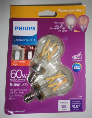 PHILIPS 60w Equivalent LED Candelabra Base Bulb A15 Soft White 2x NEW