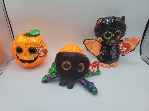 2019 Ty Flippables with tags - Omen bat, Glint spider, seeds pumpkin