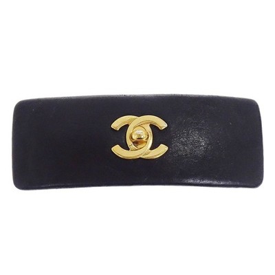 Chanel Hair Clip Barrette Turnlock CC Black Gold Leather Hair