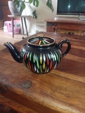 Vintage Sadler Teapot Black Multi Colour Teardrops Splatter Gold Guilt Retro VGC