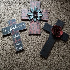 Set Of 3 Wood Wall Hang Cross Metal Flower Wall Decor Christian Cross Scripture