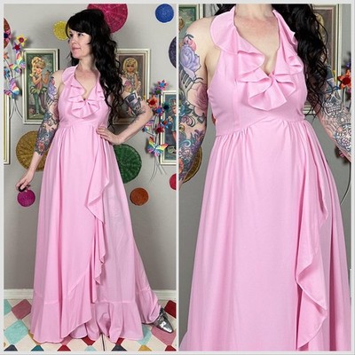 Vintage 1970s Bubblegum Pink Ruffled Halter Maxi Dress | XS/S - 26''-28'' Waist