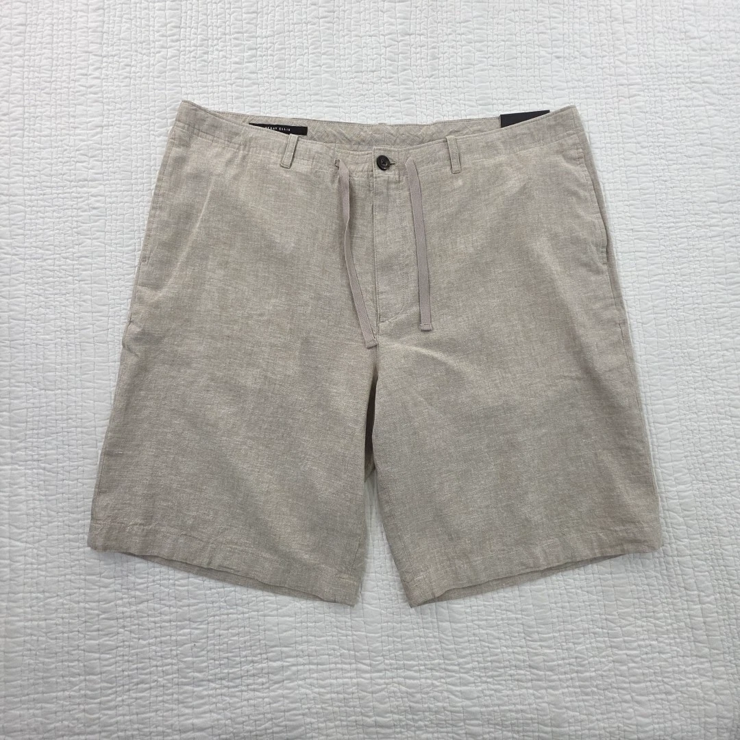 Perry Ellis Linen Walking Shorts Mens 38 Gray Drawstring Button 11" Inseam NEW