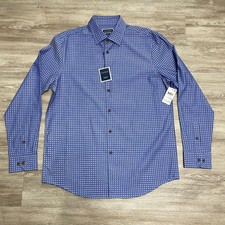 NWT Club Room Mens Long Sleeve Blue Check Woven Button Front Shirt Stretch Sz M
