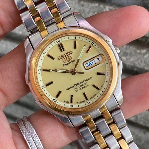 Vintage Seiko 5 Superior Automatic Two Tone Day Date 23J Japan Men Watch Good