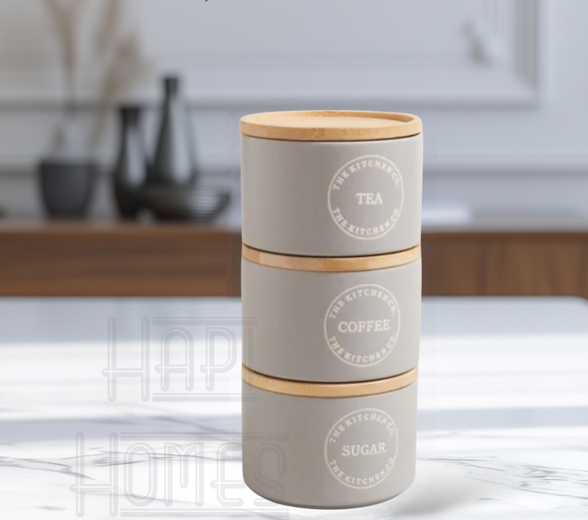 Stackable Tea Coffee Sugar Tea Coffee Sugar Stacking Canisters Ceramic  Bamboo Lid Space Saving Stackable