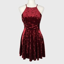 Lulus Dancing Queen Womens Burgundy Velvet Backless Skater Mini Dress size Small