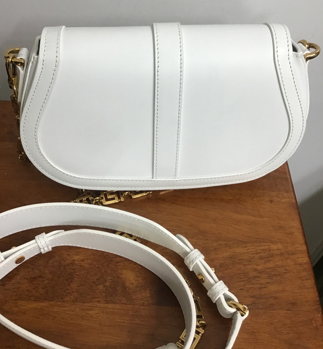 Versace Purse White Greca Goddess Shoulder Bag Gold Metal 2 Straps