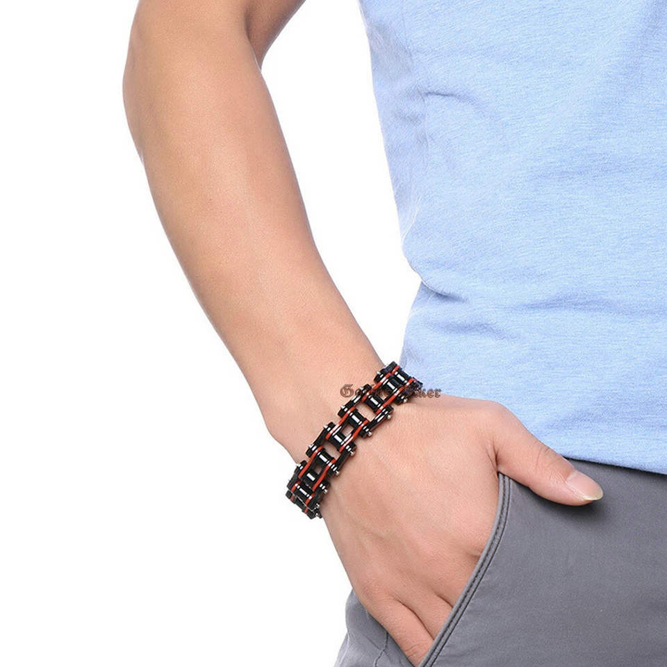 Pulseira masculina corrente de motocicleta de aço inoxidável preta vermelha sólida 9 polegadas (L) - Imagem 4 de 4