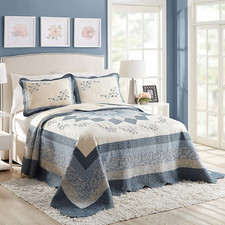 Blue Floral Embroidered Quilted Bedspread - Lightweight Breathable All Seasons B
