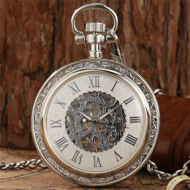 Vintage Unisex Automatic Mechanical Pocket Watch with Roman Numerals and Chain  