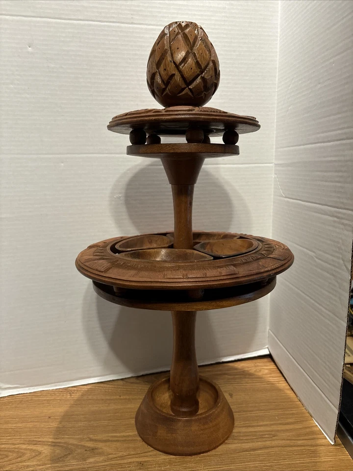 Vintage  Tiki Monkey Pod Two Tier Lazy Susan Server Honolulu Hawaii Acacia Wood - Image 3 of 4