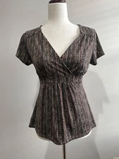 Attention  Babydoll Top Womens XS Brown Print V-Neck