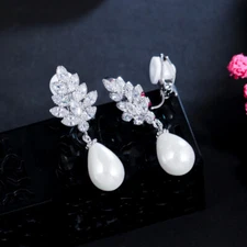 CZ Leaf Dangling Pearl Non Pierced Ear Clips on Earrings for Women Without Ear