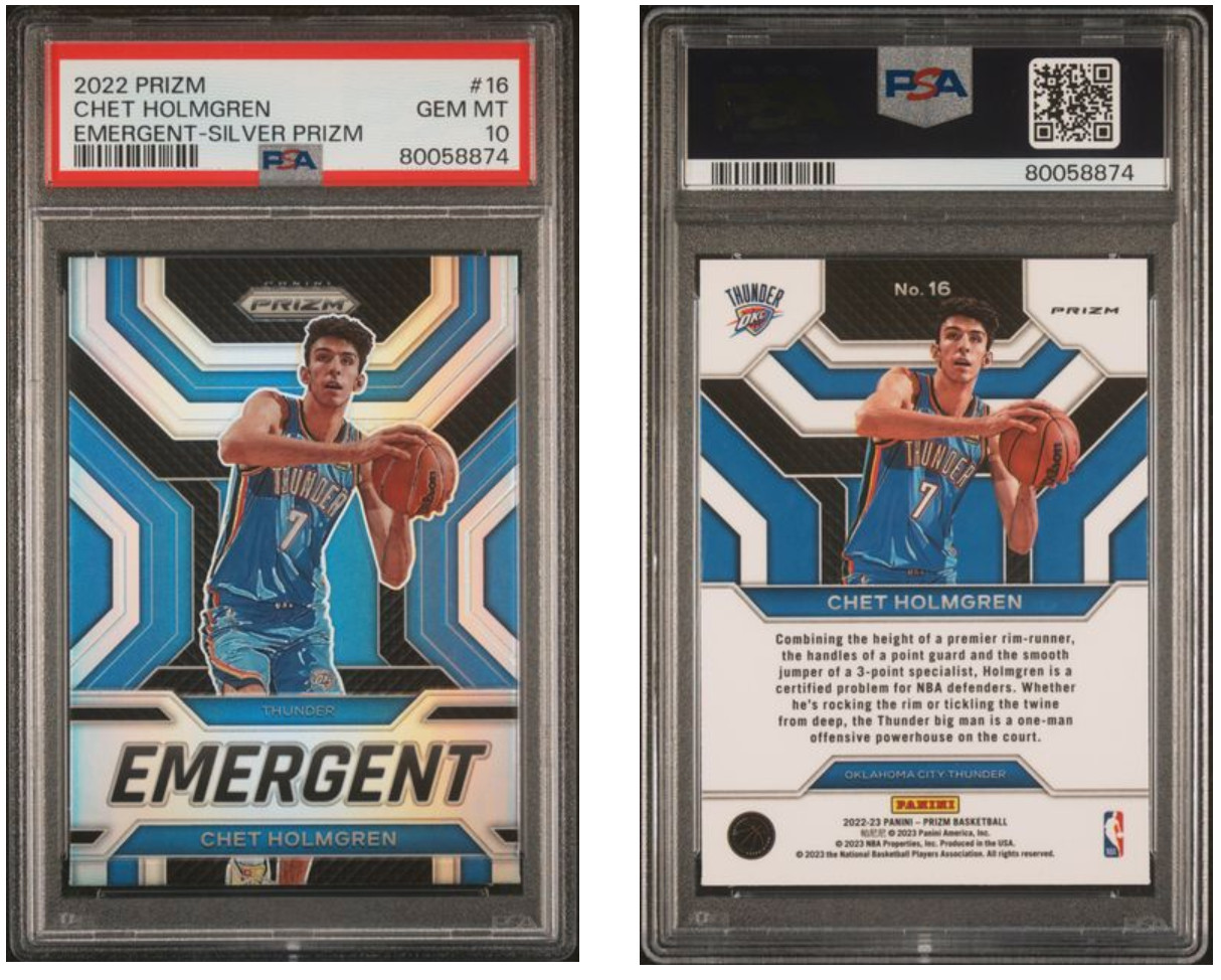 2022-23 Panini Prizm HOLO Chet Holmgren Emergent Silver Prizm #16 Rookie PSA 10