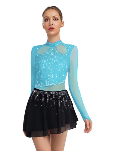 Women's Skating Leotard Mesh Long Sleeve Ballroom Costumes High Low Dancewear - Picture 9 of 80
