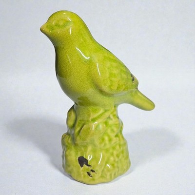Vintage European Greenfinch 7-inch Green Crazed Ceramic Bird Figurine