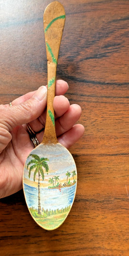 antique vintage Hand painted palm trees hand carved wood spoon souvenir Florida