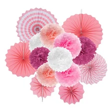 Hanging Paper Fans Set Paper Flower Decorations for Party Birthday Pink 14pcs