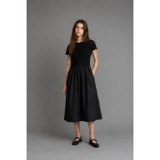Madewell Dress Size XS Smocked Black Pockets Boatneck Cotton Poplin Midi