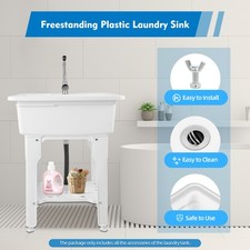 Freestanding Utility Sink Laundry Tub Wash Bowl Basin Hot Cold Faucet Washboard