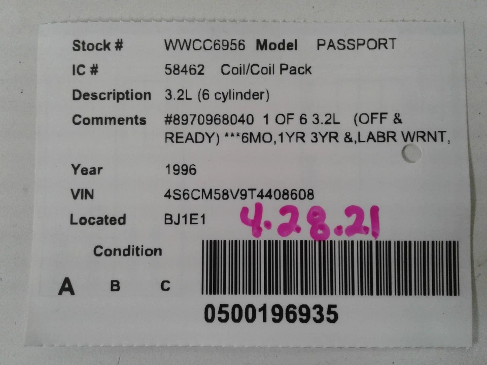Bobina de encendido usada se adapta a: Honda Passport 1996 3,2 L 6 cilindros grado A Foto 3 de 4