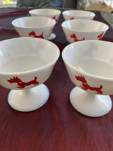 6 Hazel Atlas 1950s Desert Cups Red Scottie Dog White Milk Glass