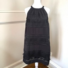 LOFT Black Lined Embroider Fringe Dress Sz XS Viscose Halter