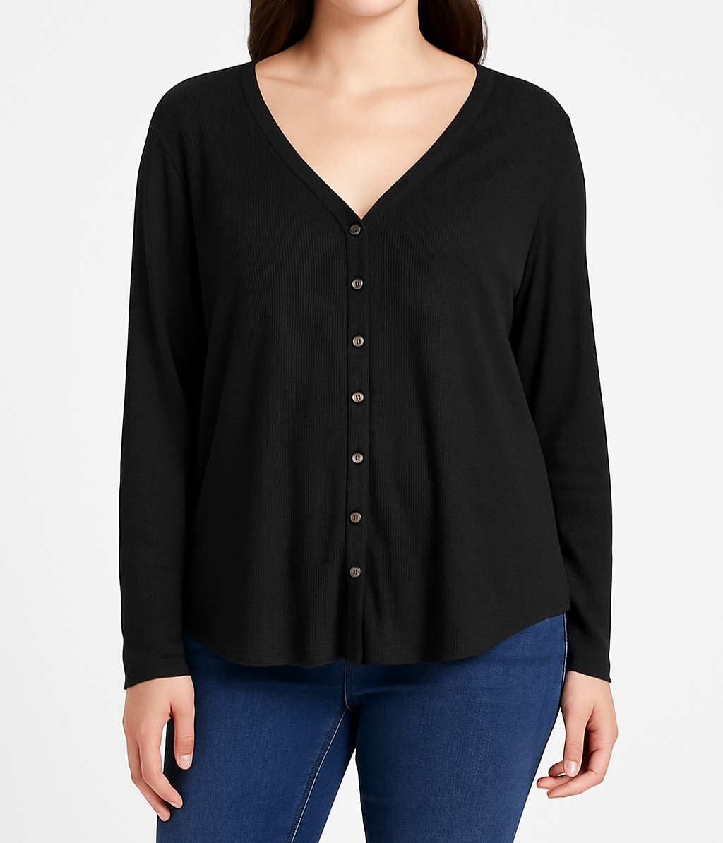A.N.A A New Approach Women’s Black Long Sleeve Button Front V-Neck Shirt Size M