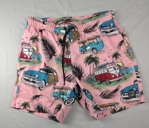 Psycho Tuna Swim Trunks Mens Large Pink Graphic Surfing VW Bus Beach Palm Trees