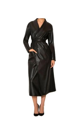 LG1839 Women Black Trench Coat Genuine Soft Lambskin Real Leather Long Overcoat