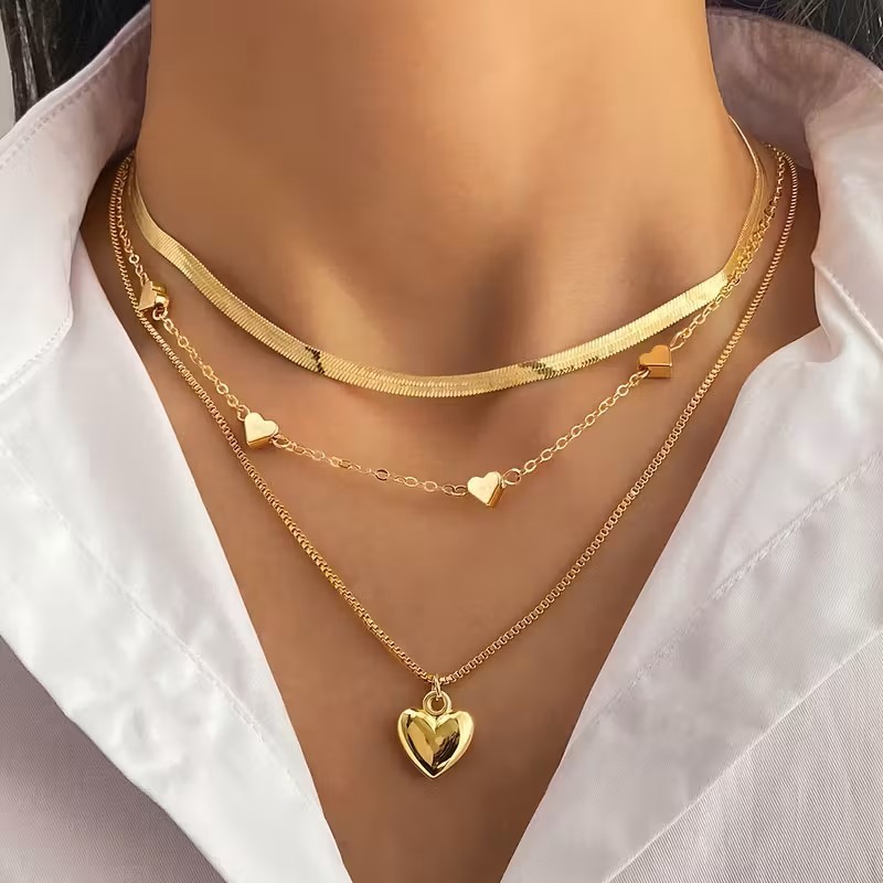 Gold Layered Heart Necklace Set Women 3 Layer Choker Chain Pendant Jewelry Gift