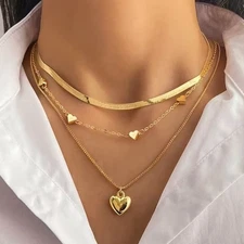 Gold Layered Heart Necklace Set Women 3 Layer Choker Chain Pendant Jewelry Gift