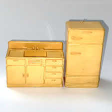 Vintage Marx Toys Dollhouse Kitchen Furniture Yellow Refrigerator Sink Set Of 2