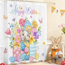 Easter Shower Curtain Bunny Eggs Colored Spots Floral Waterproof 72x72 Inch
