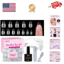 Short Almond Gel Nail Tips Kit, 216Pcs Pre Etched Clear Fake Nails, Full Cove...