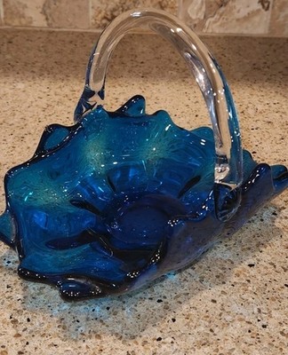 Vintage MCM Viking Glass Epic Line Double Layered Blue Basket 