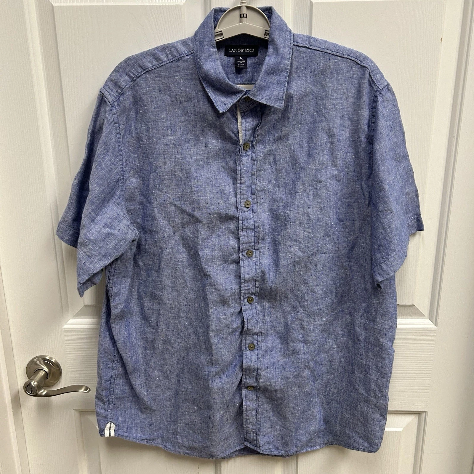 Lands End Mens L 100% Linen Shirt Button Down Short Sleeve Blue Classic Preppy